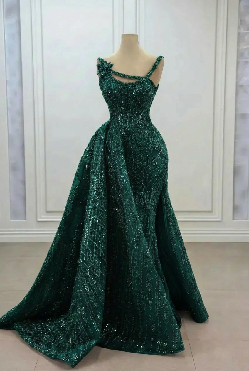 Gorgeous Asymmetrical Mermaid Strapless Sleeveless Beaded Panel Train Long Tulle Prom Dresses With Rhinestone