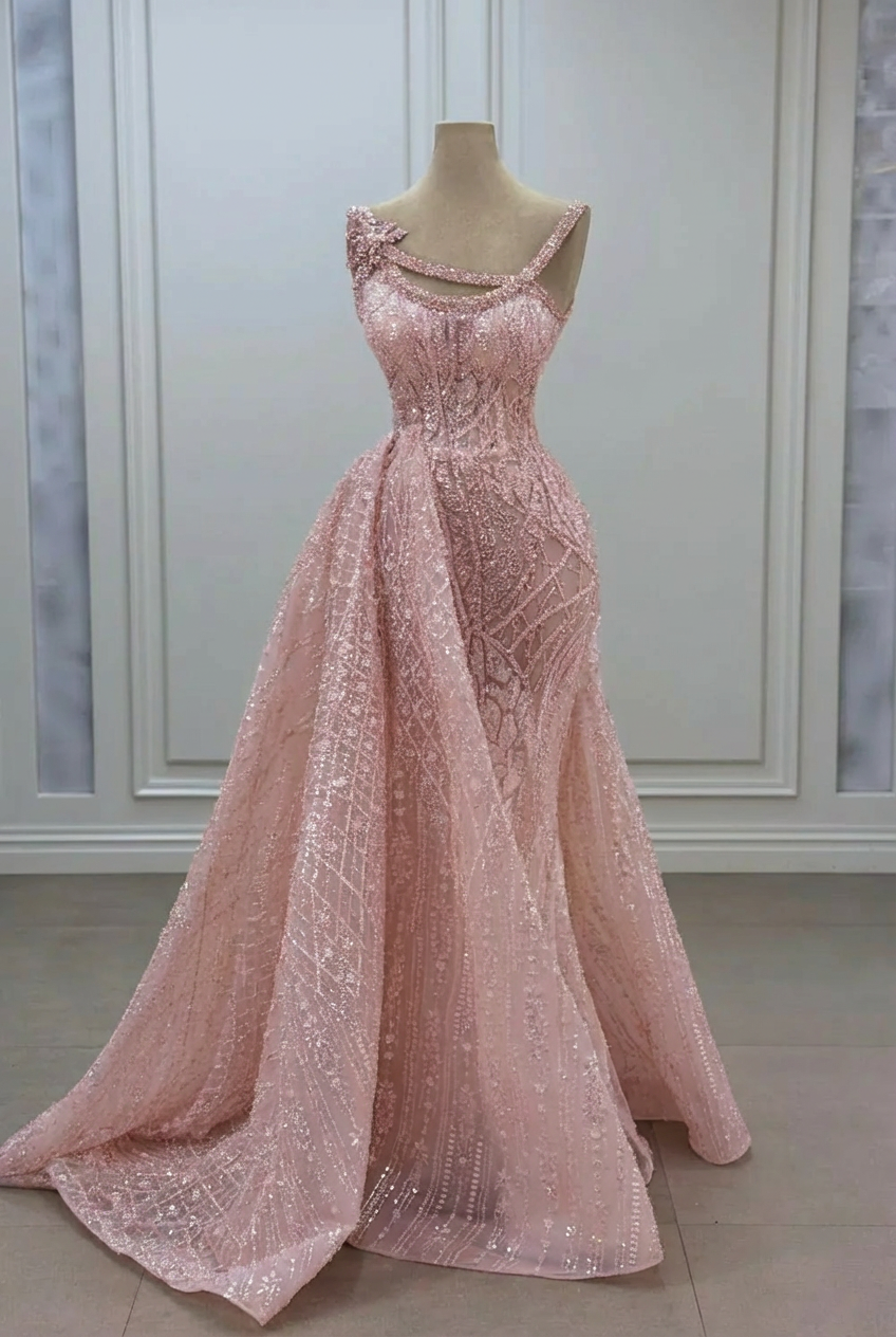 Gorgeous Asymmetrical Mermaid Strapless Sleeveless Beaded Panel Train Long Tulle Prom Dresses With Rhinestone