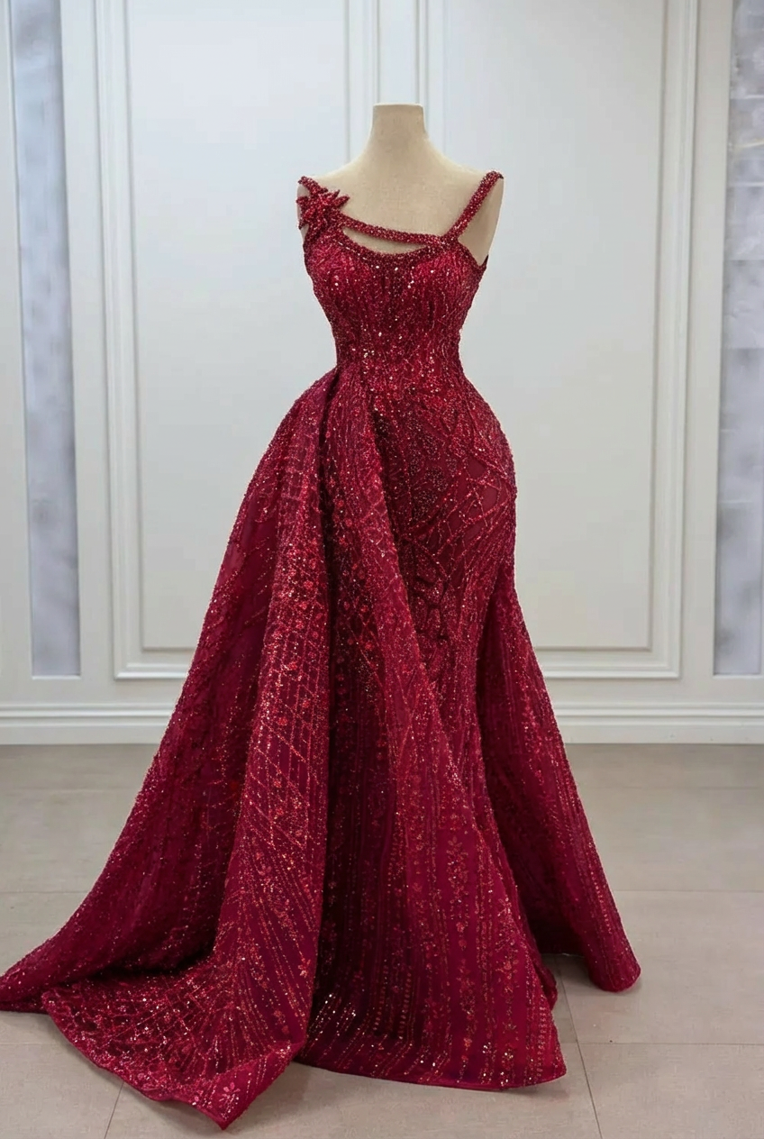 Gorgeous Asymmetrical Mermaid Strapless Sleeveless Beaded Panel Train Long Tulle Prom Dresses With Rhinestone