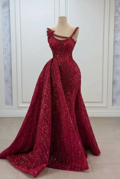 Gorgeous Asymmetrical Mermaid Strapless Sleeveless Beaded Panel Train Long Tulle Prom Dresses With Rhinestone