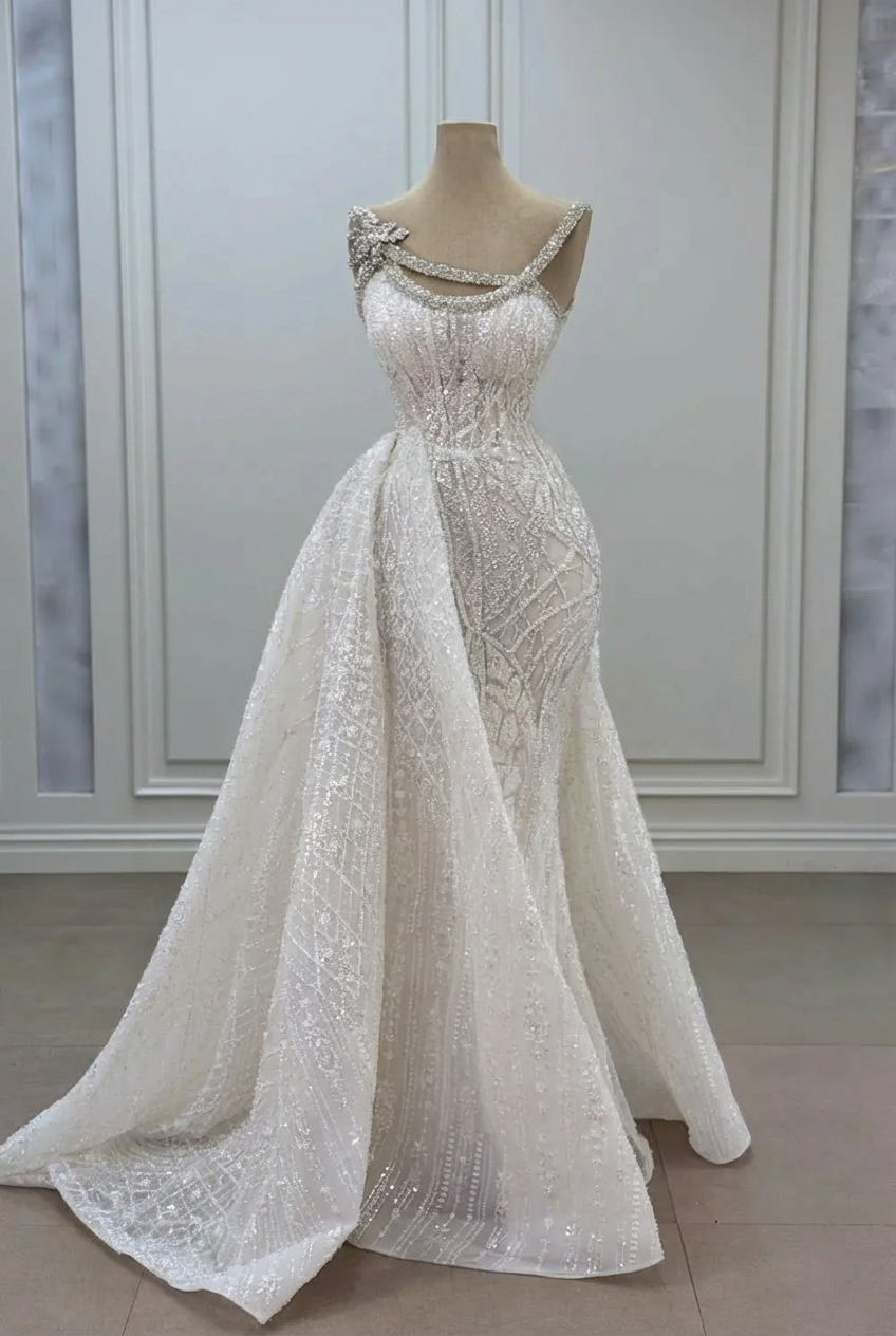 Gorgeous Asymmetrical Mermaid Strapless Sleeveless Beaded Panel Train Long Tulle Prom Dresses With Rhinestone