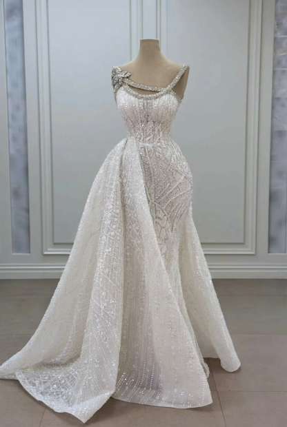 Gorgeous Asymmetrical Mermaid Strapless Sleeveless Beaded Panel Train Long Tulle Prom Dresses With Rhinestone