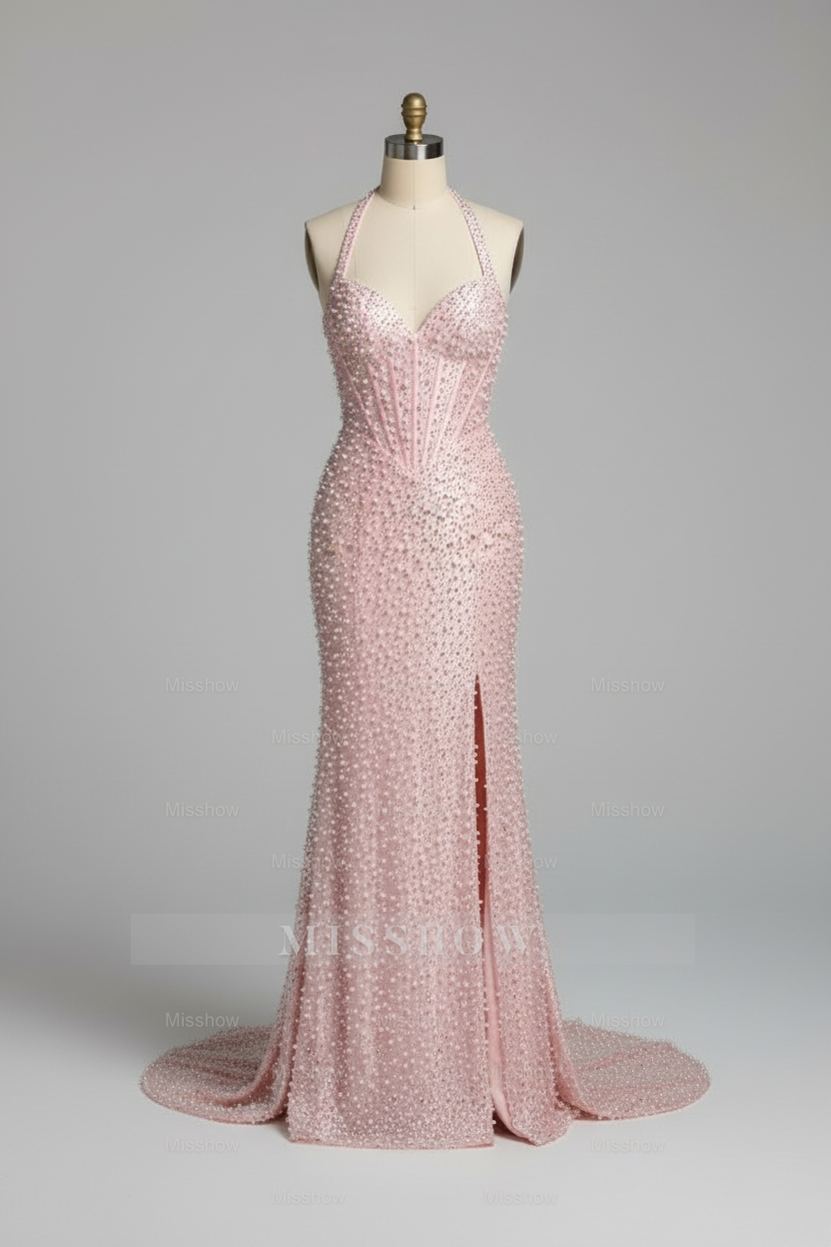 Gorgeous Beaded Pink Halter Neck Mermaid Prom Dress with Pearls and Crystals