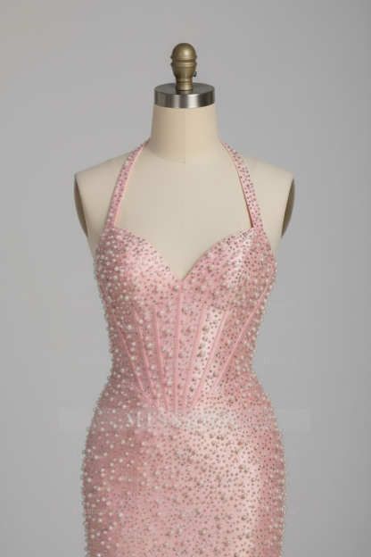 Gorgeous Beaded Pink Halter Neck Mermaid Prom Dress with Pearls and Crystals