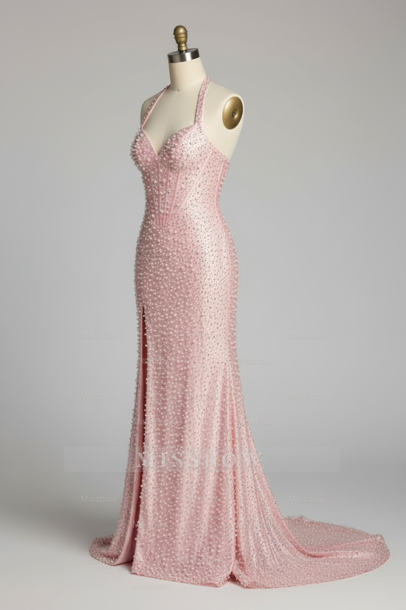 Gorgeous Beaded Pink Halter Neck Mermaid Prom Dress with Pearls and Crystals