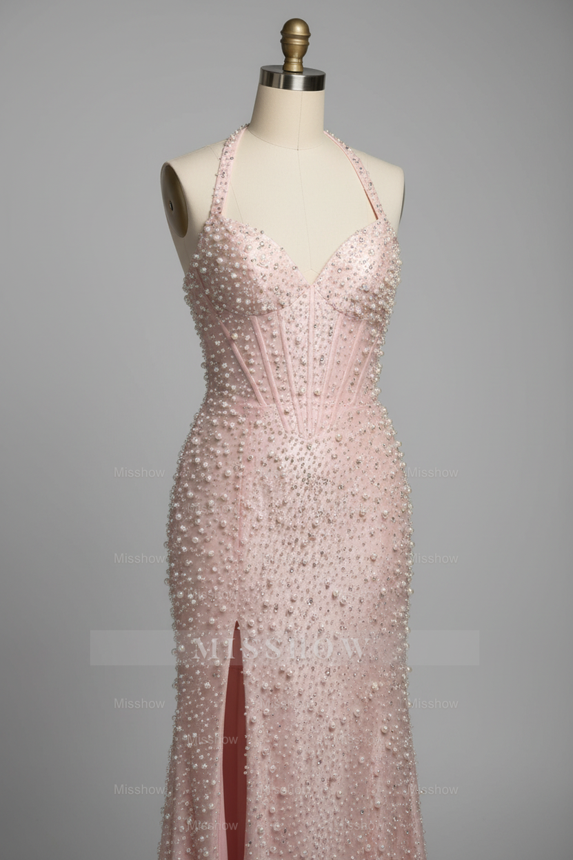 Gorgeous Beaded Pink Halter Neck Mermaid Prom Dress with Pearls and Crystals