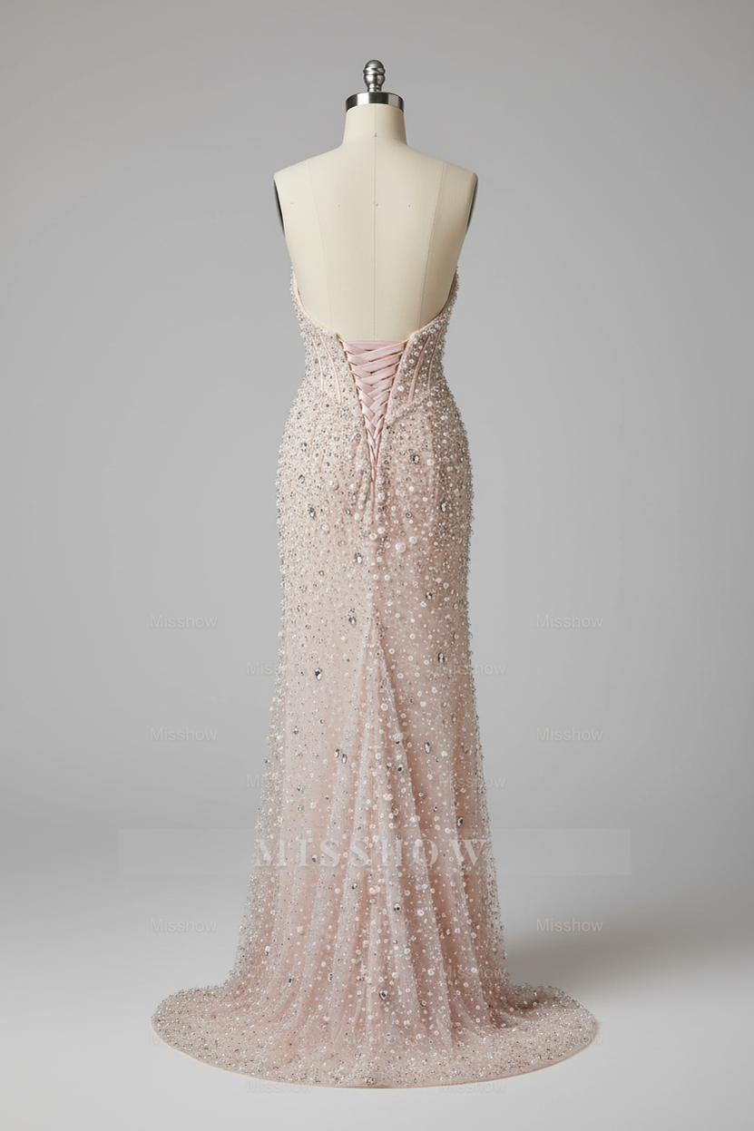 Gorgeous Beaded Pink Halter Neck Mermaid Prom Dress with Pearls and Crystals