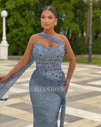Gorgeous Blue Column Strapless Sleeveless Beaded Sequined Long Prom Dress With Rhinestones