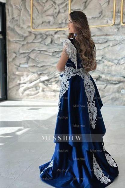 Gorgeous Blue Sweetheart Column Appliques Sleeveless Split Front Floor-length Prom Evening Dresses with Train