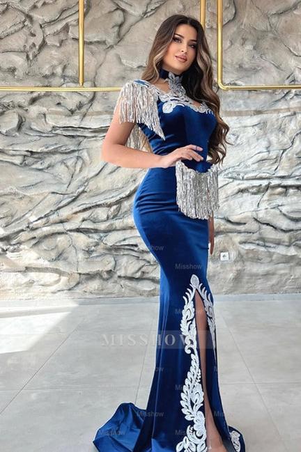 Gorgeous Blue Sweetheart Column Appliques Sleeveless Split Front Floor-length Prom Evening Dresses with Train
