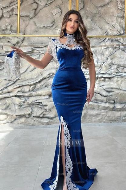 Gorgeous Blue Sweetheart Column Appliques Sleeveless Split Front Floor-length Prom Evening Dresses with Train