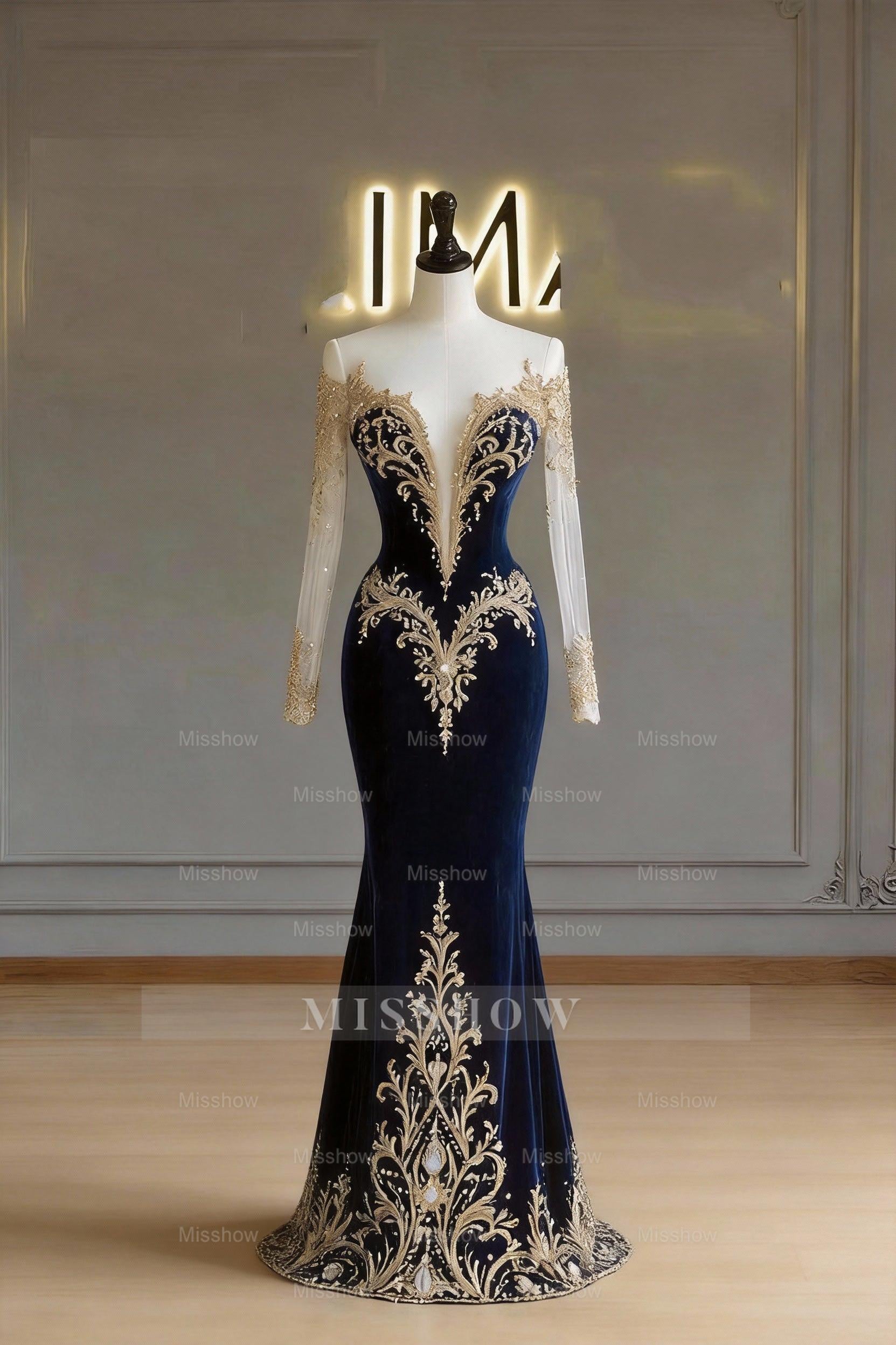 Gorgeous Blue V-Neck Long-Sleeve Mermaid Formal Dress with Detachable Train