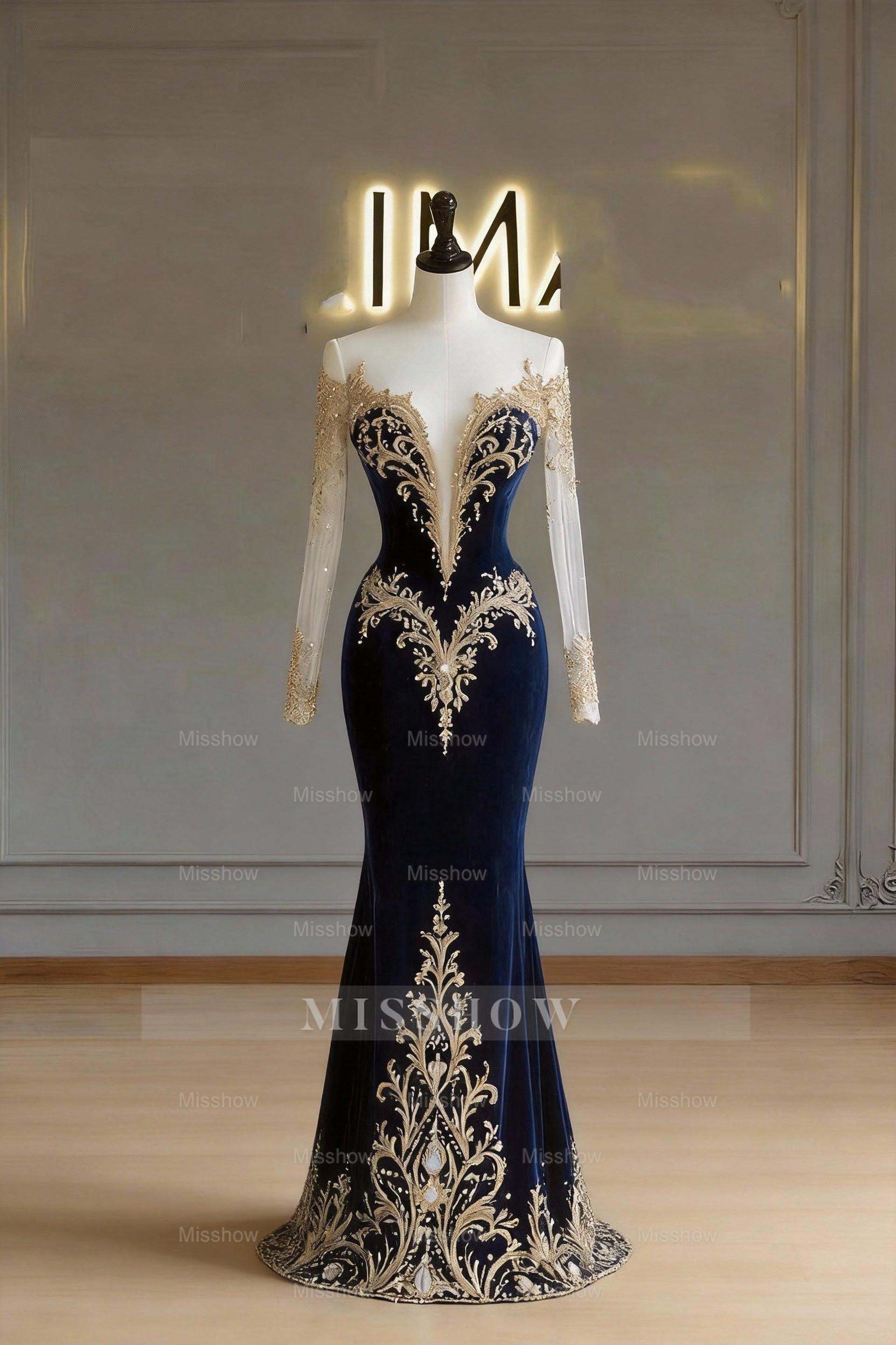 Gorgeous Blue V-Neck Long-Sleeve Mermaid Formal Dress with Detachable Train