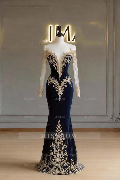 Gorgeous Blue V-Neck Long-Sleeve Mermaid Formal Dress with Detachable Train