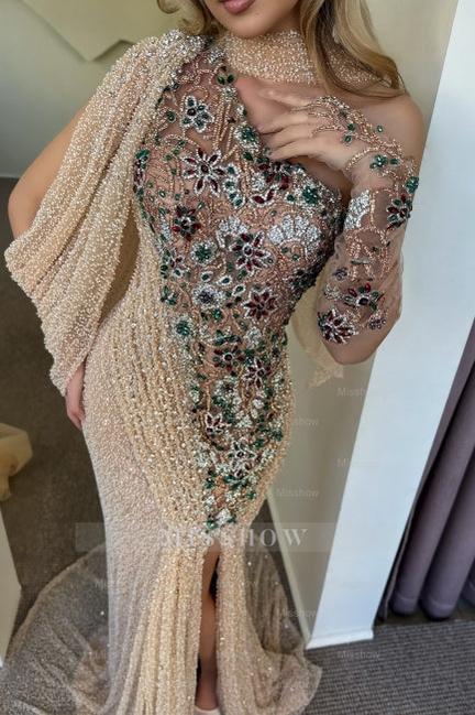 Gorgeous Champagne Mermaid One-Shoulder Cap Sleeve Beaded Sequined Split Front Long Tulle Prom Dresses With Rhinestone
