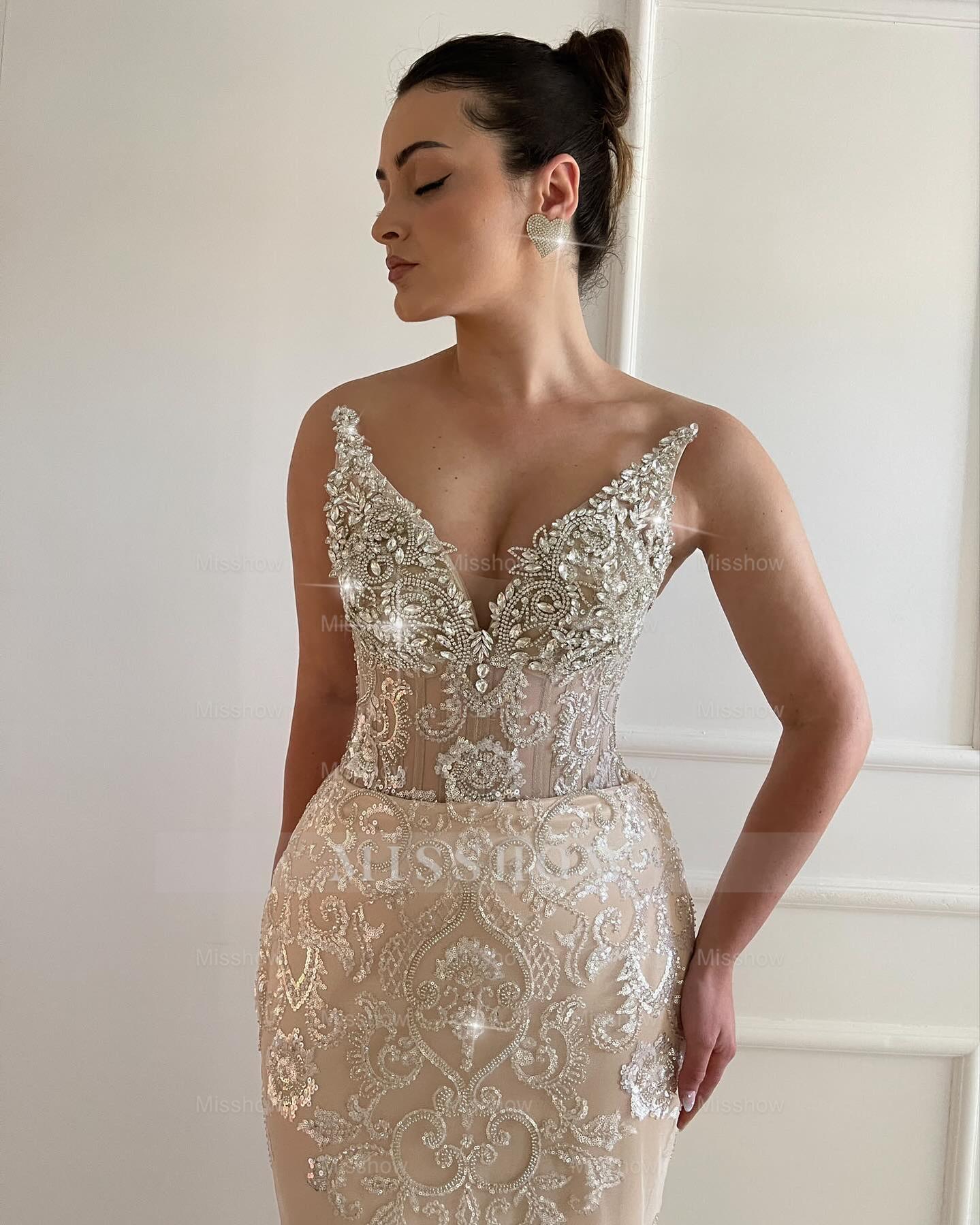 Gorgeous Champagne V-Neck Sleeveless Mermaid Evening Dress with Rhinestones