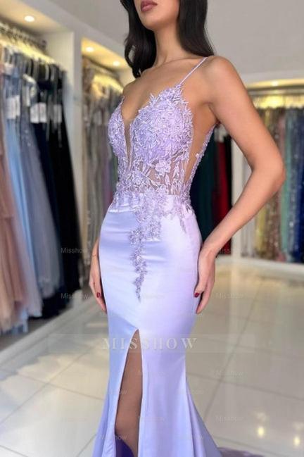 Gorgeous Column Satin Lace V-Neck Sleeveless Prom Evening Dresses With Appliques Split