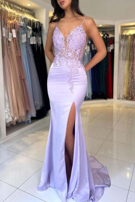 Gorgeous Column Satin Lace V-Neck Sleeveless Prom Evening Dresses With Appliques Split