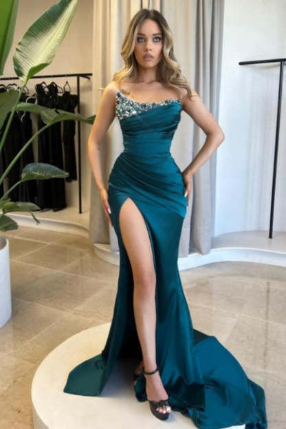 Gorgeous Column Satin Scoop Sleeveless Prom Evening Dresses With Ruffles Split Front