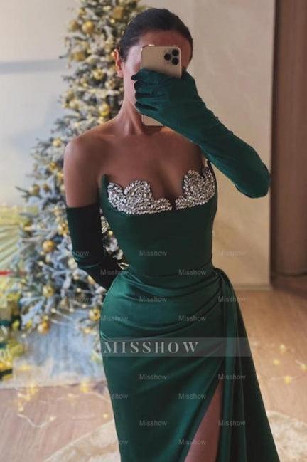 Gorgeous Dark Green Sweetheart Mermaid Beaded Split Front Ruffle Evening Dresses With Rhinestone