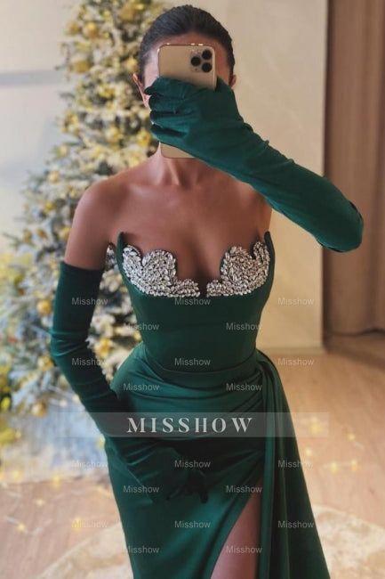 Gorgeous Dark Green Sweetheart Mermaid Beaded Split Front Ruffle Evening Dresses With Rhinestone