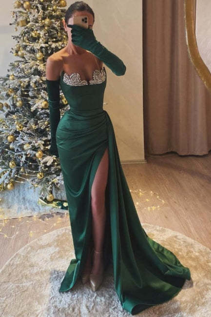 Gorgeous Dark Green Sweetheart Mermaid Beaded Split Front Ruffle Evening Dresses With Rhinestone