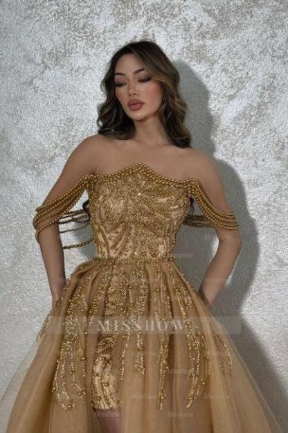 Gorgeous Gold A-Line Strapless Sleeveless Beaded Detachable Panel Train Tulle Prom Dresses With Pearls