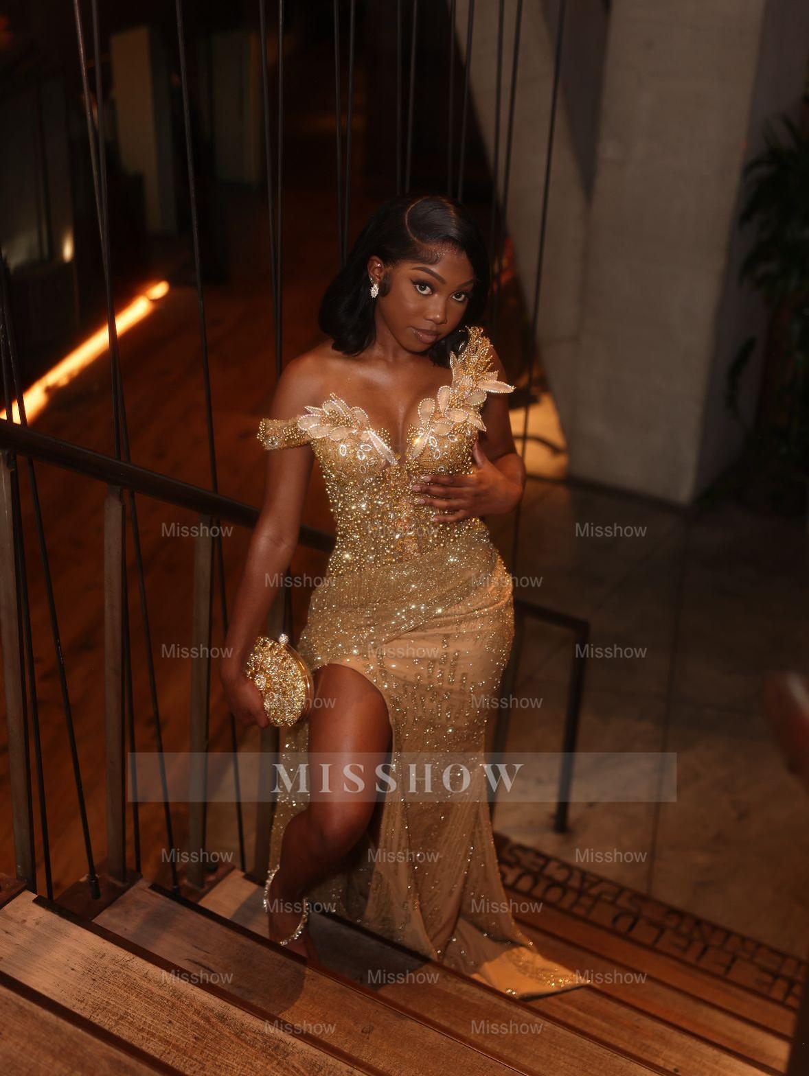 Gorgeous Gold Mermaid Off-the-shoulder Beaded Sequined Long Prom Dress with Slit