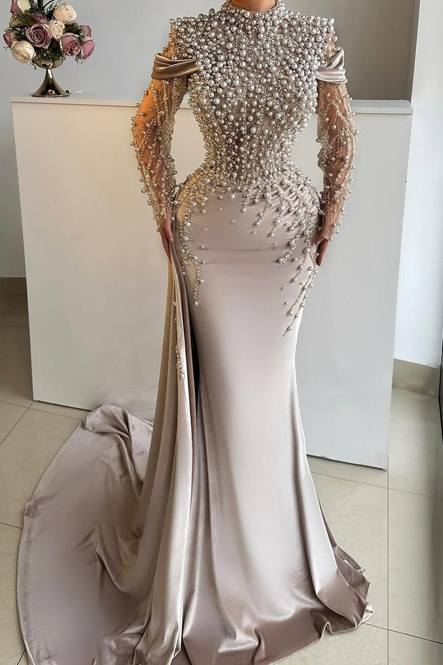 Gorgeous High-Neck Mermaid Silver Beaded Long Sleeves Front Split Long Satin Evening Dresses with Pearls