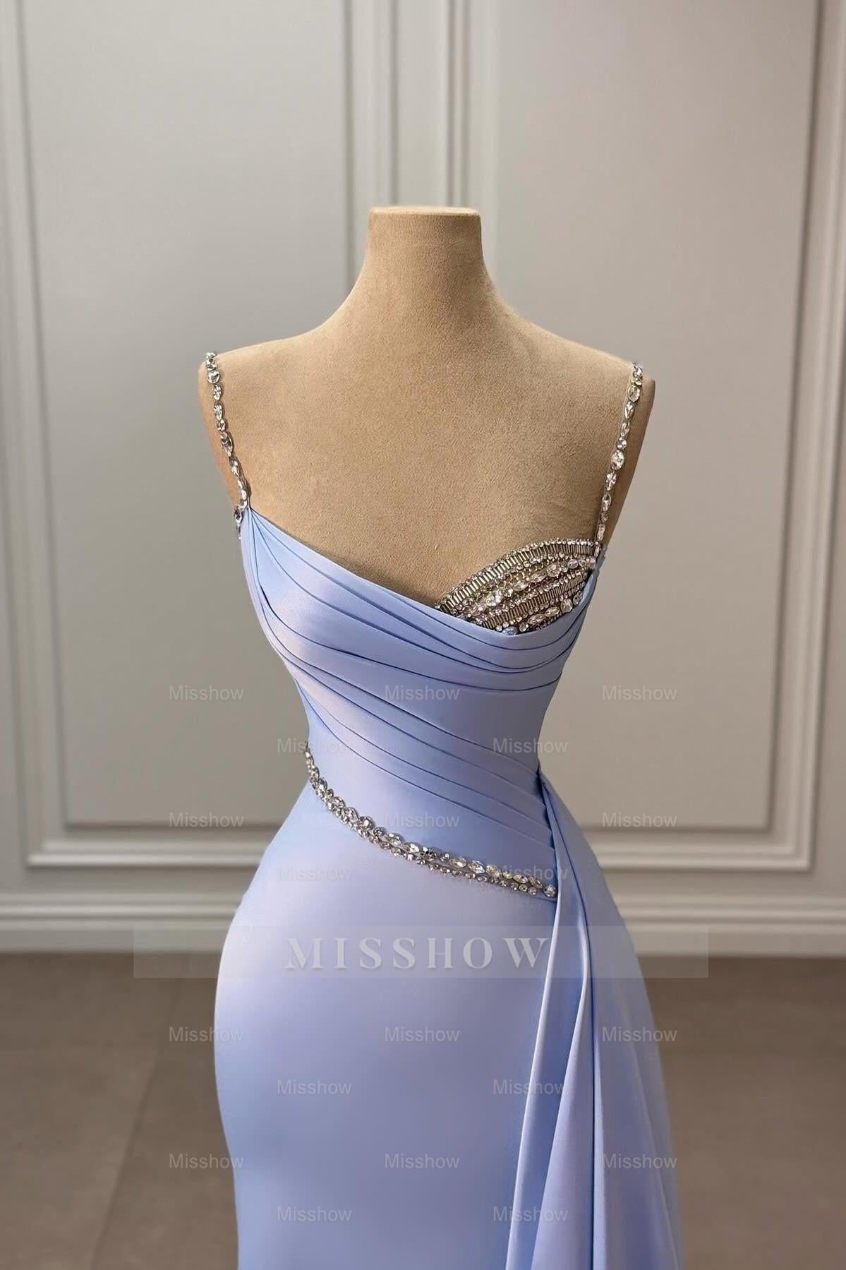 Gorgeous Lavender Mermaid Spaghetti Strap Sleeveless Beaded Panel Train Ruffle Long Satin Evening Dresses With Rhinestones