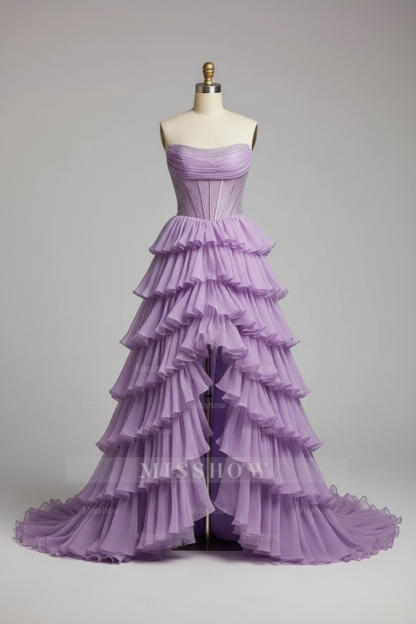Gorgeous Lavender Purple Tiered Ruffle High-Low Ball Gown with Pleated Corset