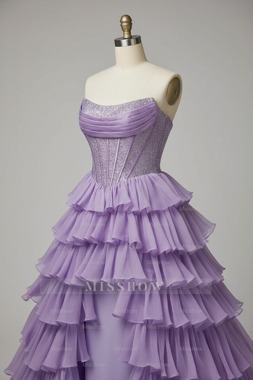 Gorgeous Lavender Purple Tiered Ruffle High-Low Ball Gown with Pleated Corset
