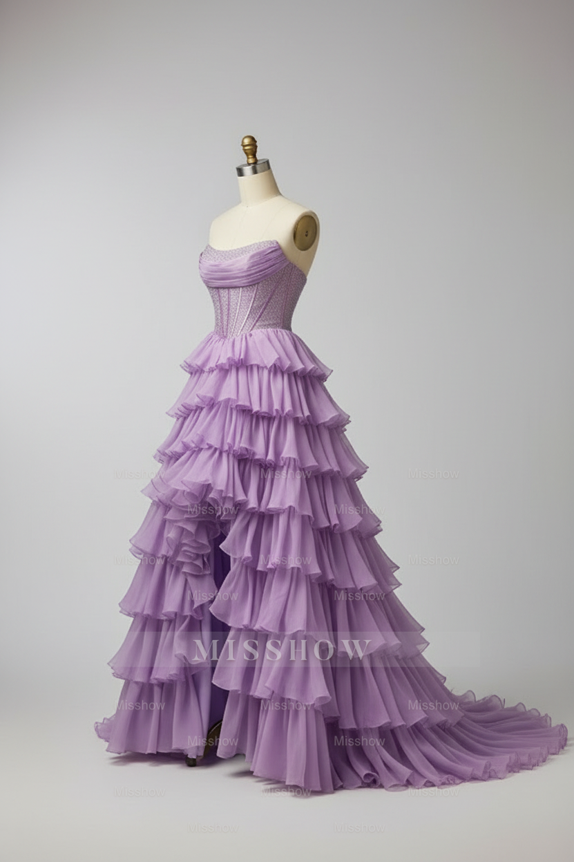 Gorgeous Lavender Purple Tiered Ruffle High-Low Ball Gown with Pleated Corset