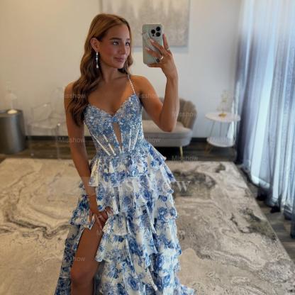Gorgeous Long A-line Spaghetti Straps Lace Floral Prom Dress with Slit
