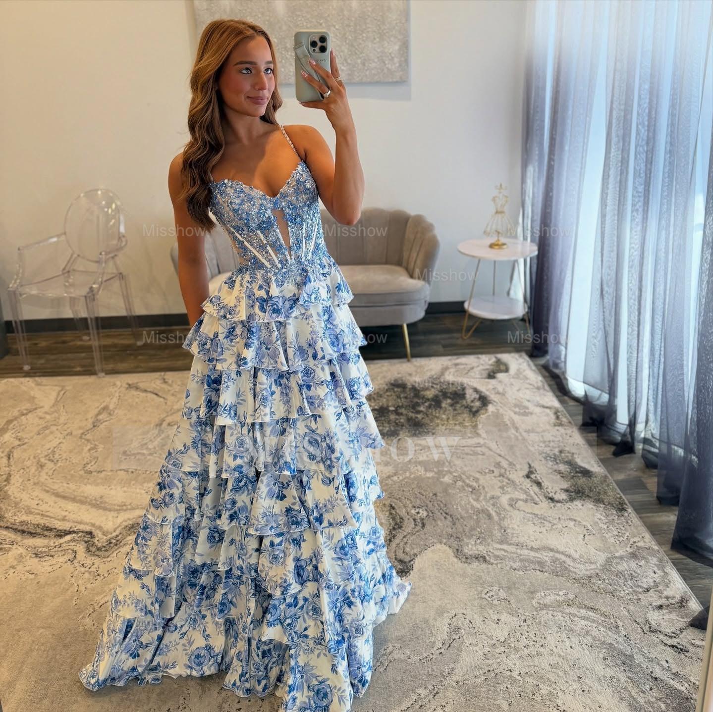 Gorgeous Long A-line Spaghetti Straps Lace Floral Prom Dress with Slit