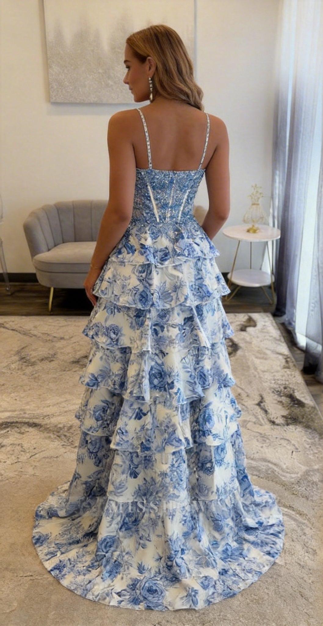 Gorgeous Long A-line Spaghetti Straps Lace Floral Prom Dress with Slit