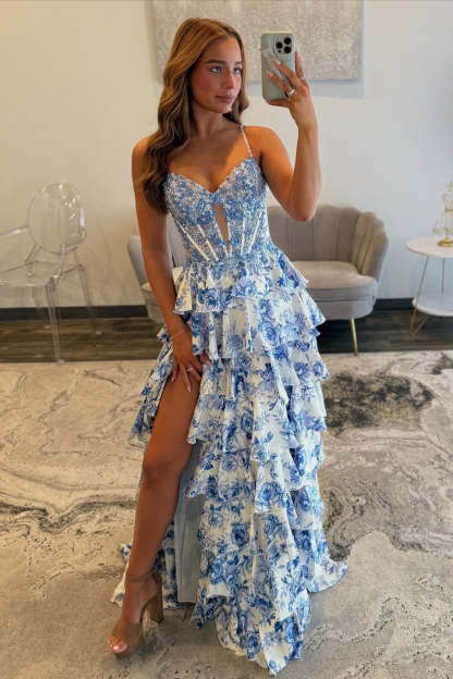 Gorgeous Long A-line Spaghetti Straps Lace Floral Prom Dress with Slit