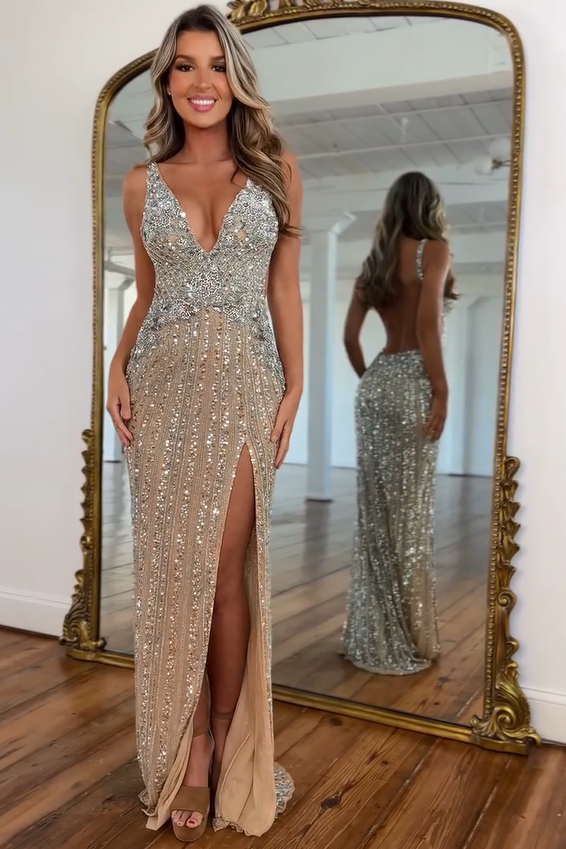 Gorgeous Long Champagne V-neck Sleeveless Beaded Prom Dress with Slit