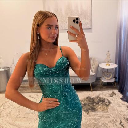 Gorgeous Long Dark Green Speghetti Straps Glitter Prom Dress with Slit and Ruffles
