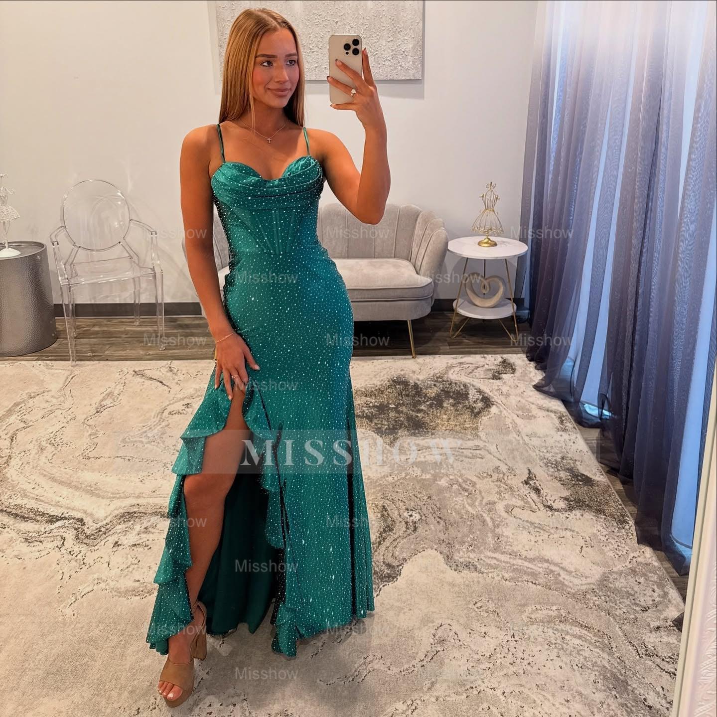 Gorgeous Long Dark Green Speghetti Straps Glitter Prom Dress with Slit and Ruffles