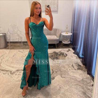 Gorgeous Long Dark Green Speghetti Straps Glitter Prom Dress with Slit and Ruffles