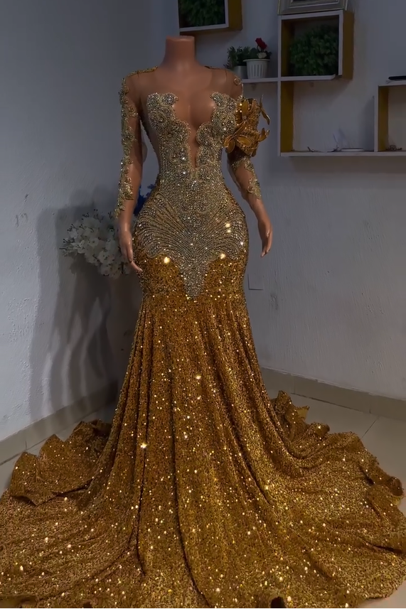 Gorgeous Long Gold Mermaid Sequined Prom Dress with Long Sleeves