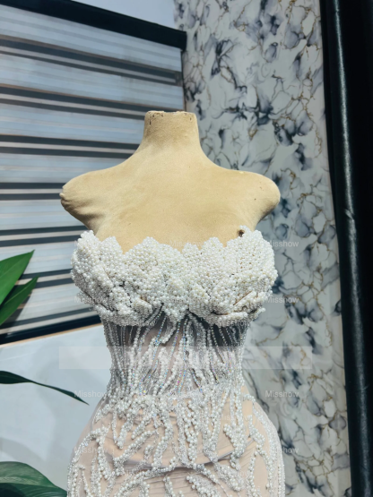 Gorgeous Long Mermaid Lace Beaded Strapless Prom Dress with Pearls