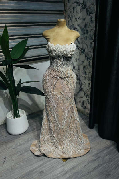 Gorgeous Long Mermaid Lace Beaded Strapless Prom Dress with Pearls