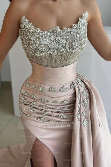 Gorgeous Long Mermaid Strapless Satin Jewels Prom Evening Dresses with Side Slit