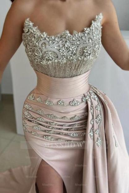 Gorgeous Long Mermaid Strapless Satin Jewels Prom Evening Dresses with Side Slit