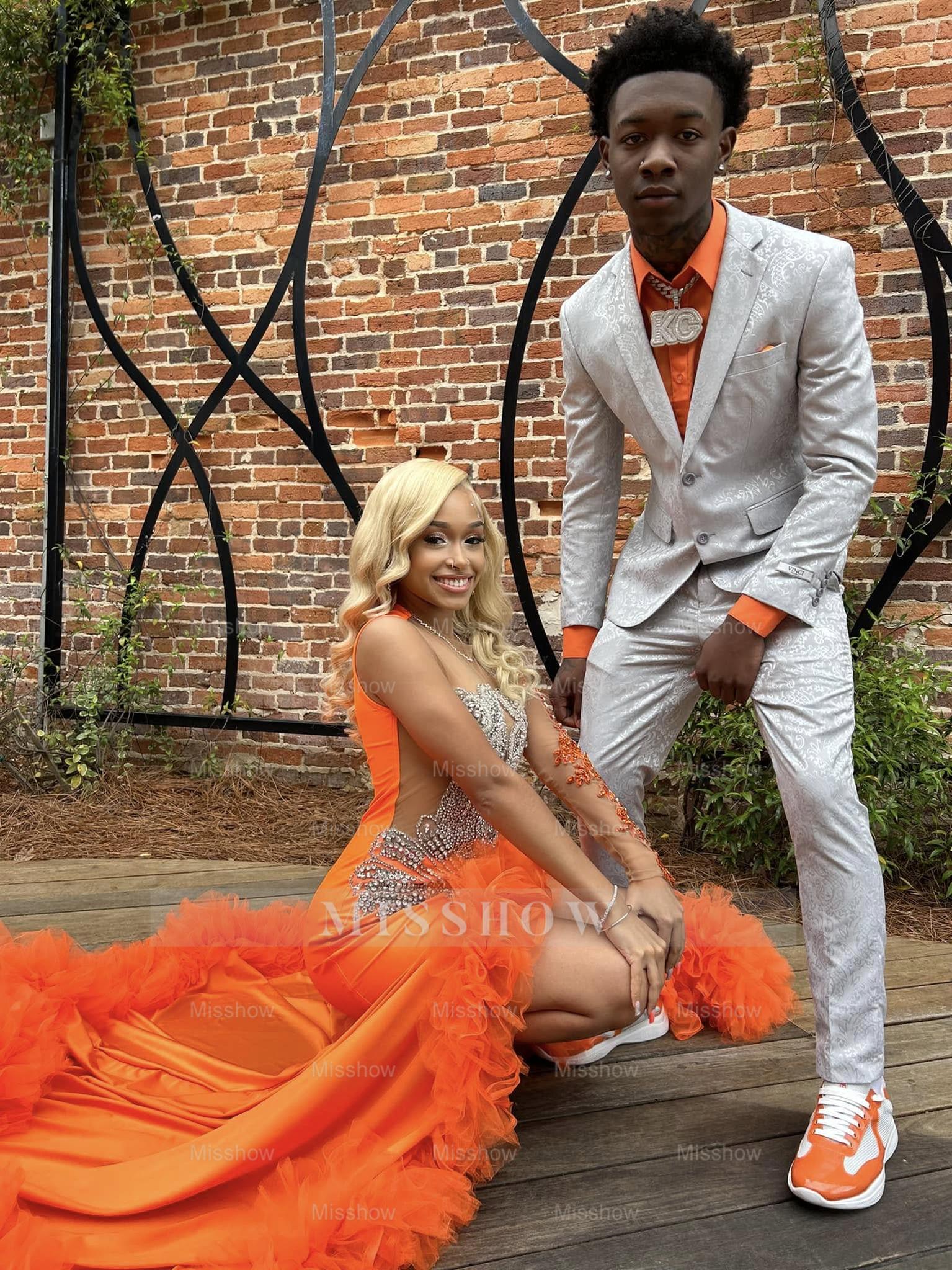 Gorgeous Long Orange Mermaid Long Sleeve Lace Prom Dress with Slit