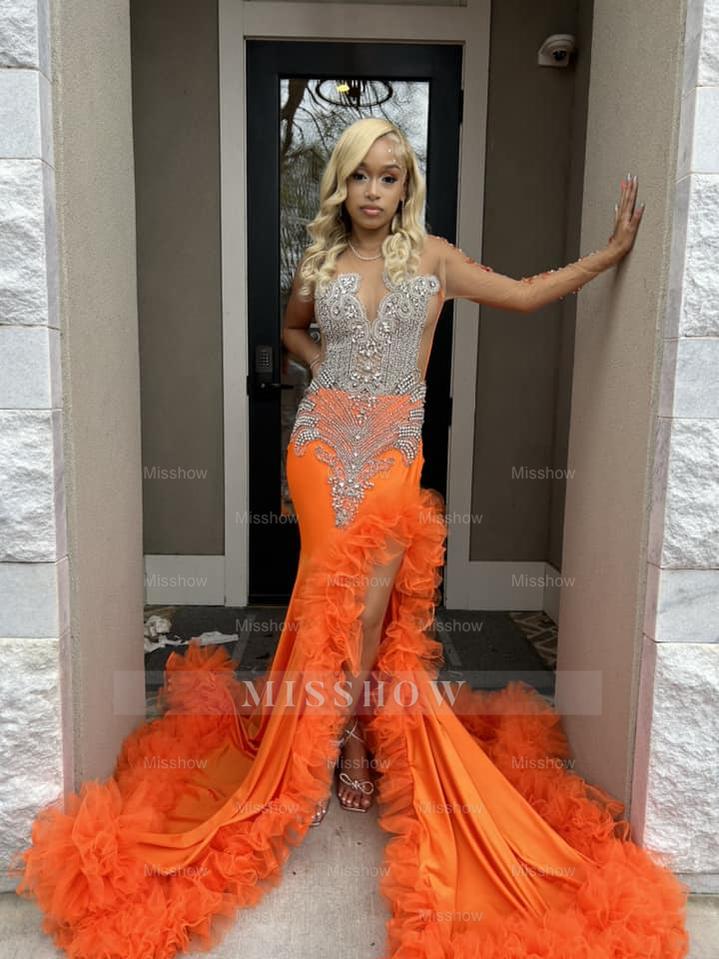 Gorgeous Long Orange Mermaid Long Sleeve Lace Prom Dress with Slit