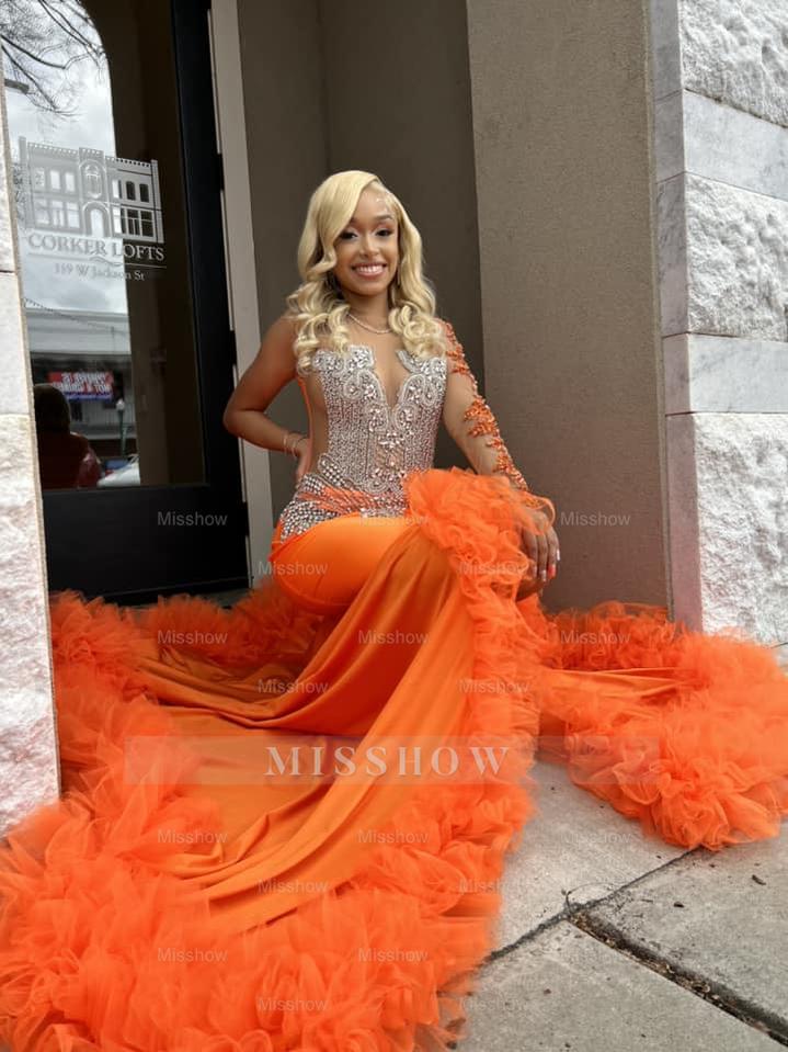 Gorgeous Long Orange Mermaid Long Sleeve Lace Prom Dress with Slit