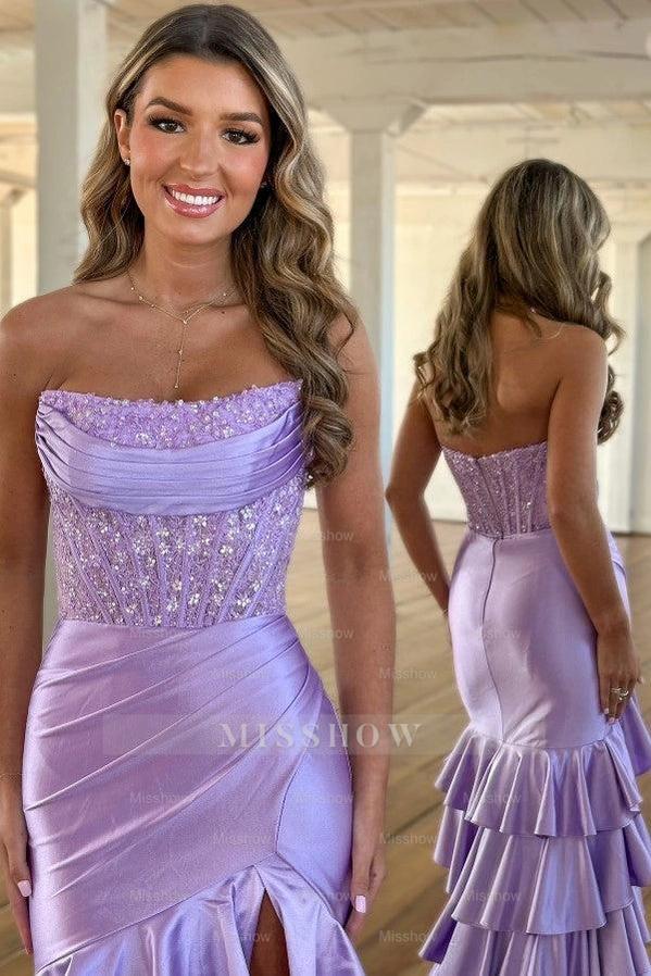Gorgeous Long Purple Strapless Beaded Prom Dress with Slit